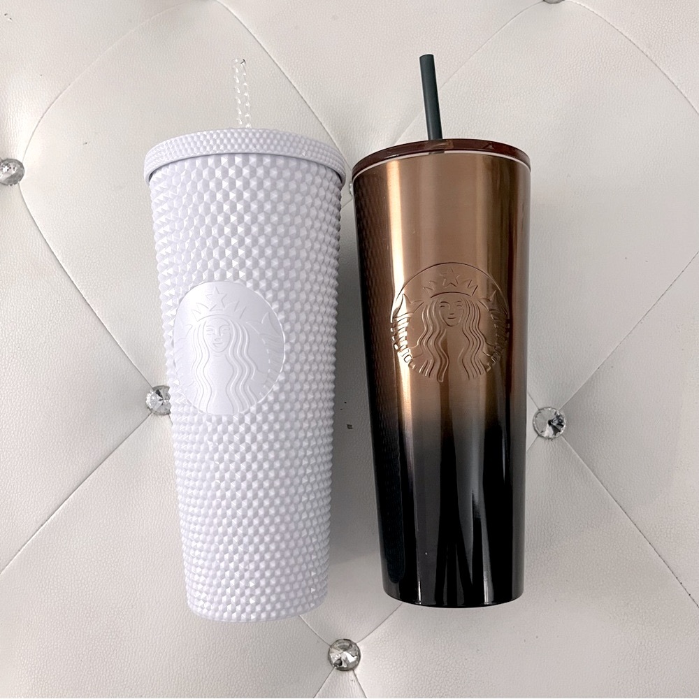 NWT 2-Piece Starbucks Textured White and Glossy Copper Brown Tumblers 24 oz